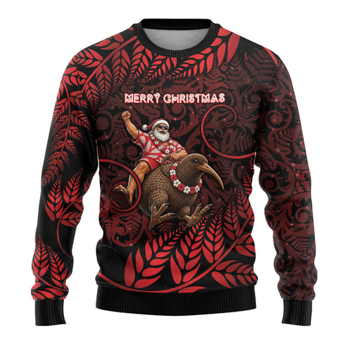 New Zealand Christmas Ugly Christmas Sweater Red Santa Riding Kiwi Bird Silver Fern