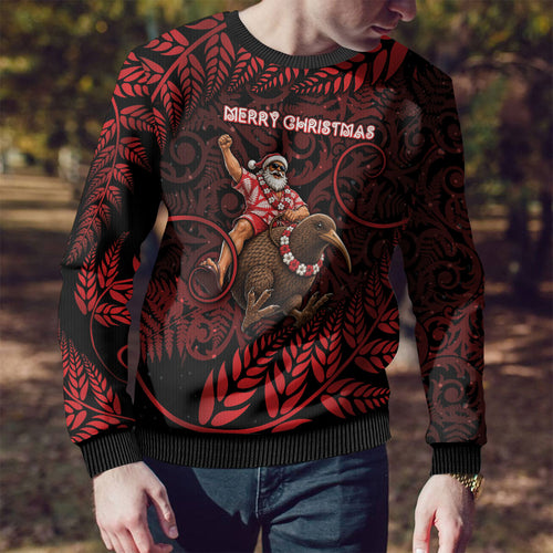 New Zealand Christmas Ugly Christmas Sweater Red Santa Riding Kiwi Bird Silver Fern