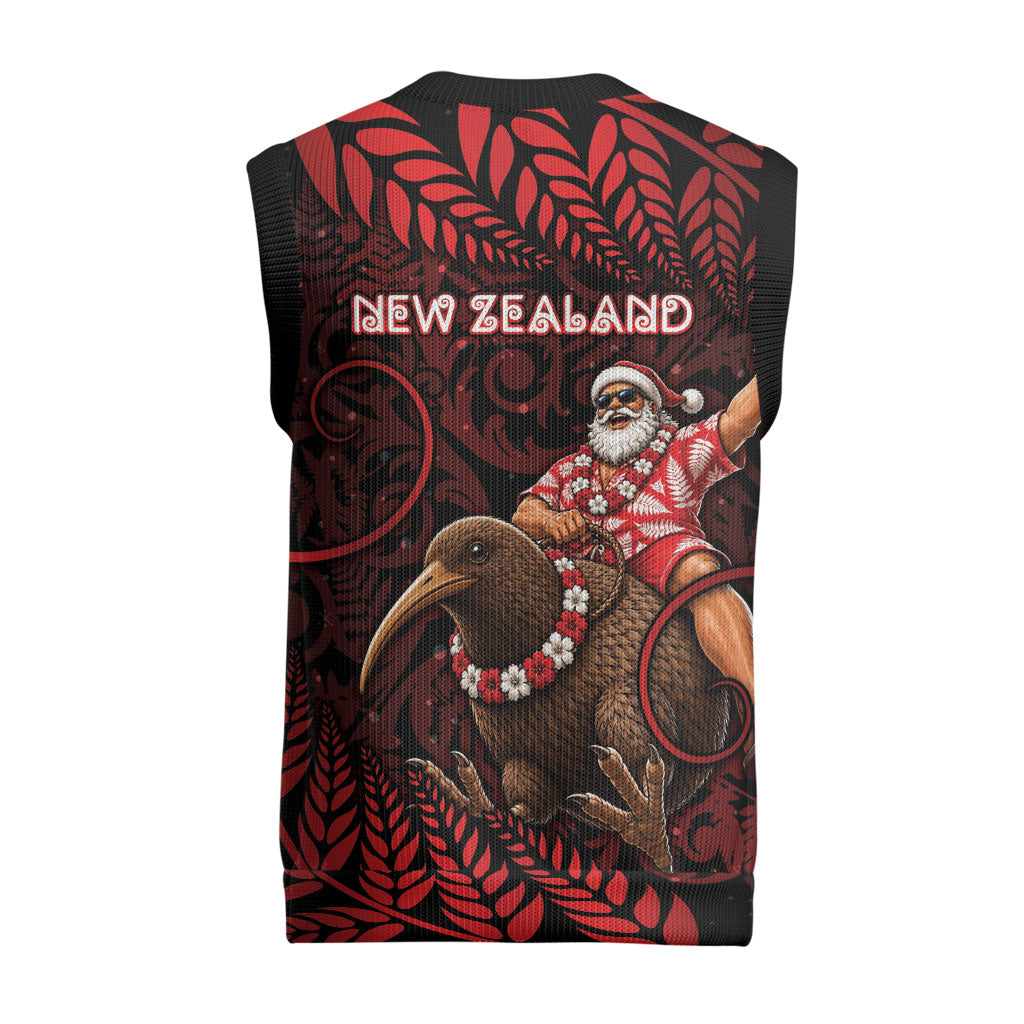 New Zealand Christmas Knitted V-Neck Vest Red Santa Riding Kiwi Bird Silver Fern