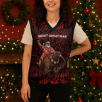New Zealand Christmas Knitted V-Neck Vest Red Santa Riding Kiwi Bird Silver Fern