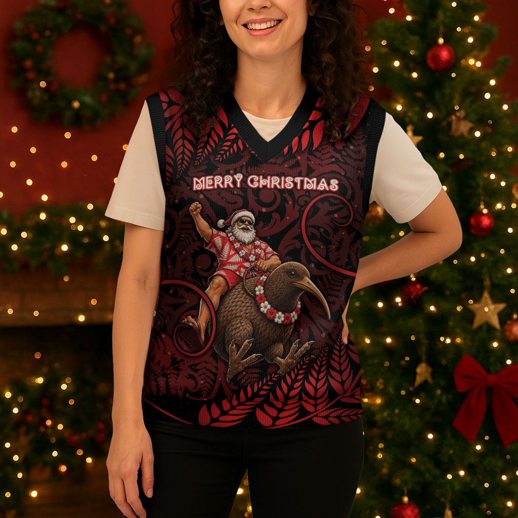 New Zealand Christmas Knitted V-Neck Vest Red Santa Riding Kiwi Bird Silver Fern