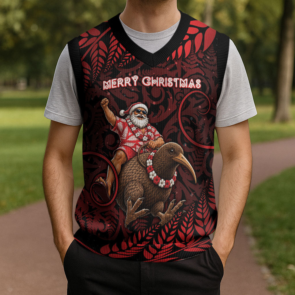 New Zealand Christmas Knitted V-Neck Vest Red Santa Riding Kiwi Bird Silver Fern