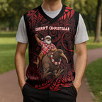 New Zealand Christmas Knitted V-Neck Vest Red Santa Riding Kiwi Bird Silver Fern
