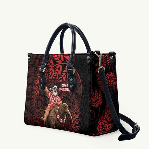 New Zealand Christmas Leather Bag Red Santa Riding Kiwi Bird Silver Fern