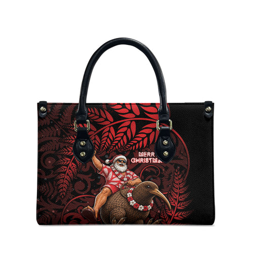 New Zealand Christmas Leather Bag Red Santa Riding Kiwi Bird Silver Fern