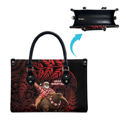 New Zealand Christmas Leather Bag Red Santa Riding Kiwi Bird Silver Fern