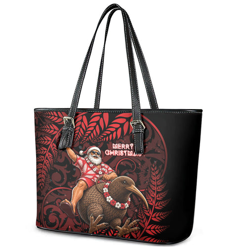 New Zealand Christmas Leather Tote Bag Red Santa Riding Kiwi Bird Silver Fern