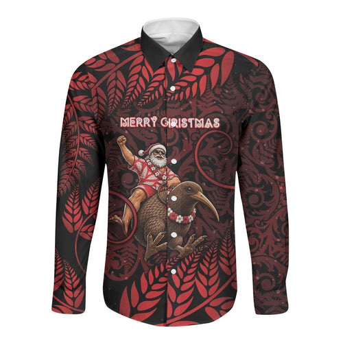 New Zealand Christmas Long Sleeve Button Shirt Red Santa Riding Kiwi Bird Silver Fern