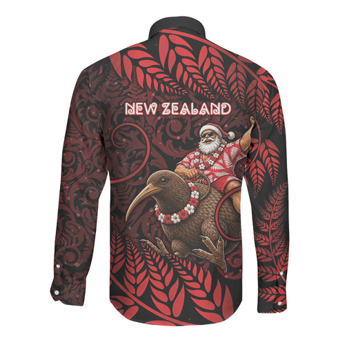 New Zealand Christmas Long Sleeve Button Shirt Red Santa Riding Kiwi Bird Silver Fern