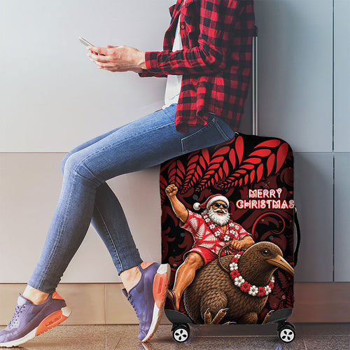 New Zealand Christmas Luggage Cover Red Santa Riding Kiwi Bird Silver Fern
