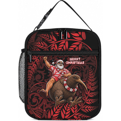 New Zealand Christmas Lunch Bag Red Santa Riding Kiwi Bird Silver Fern