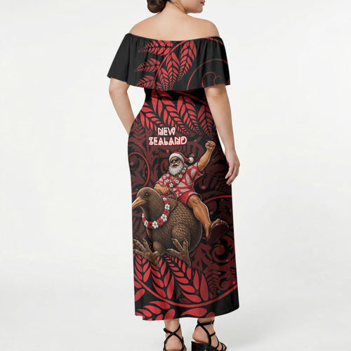 New Zealand Christmas Off Shoulder Maxi Dress Red Santa Riding Kiwi Bird Silver Fern