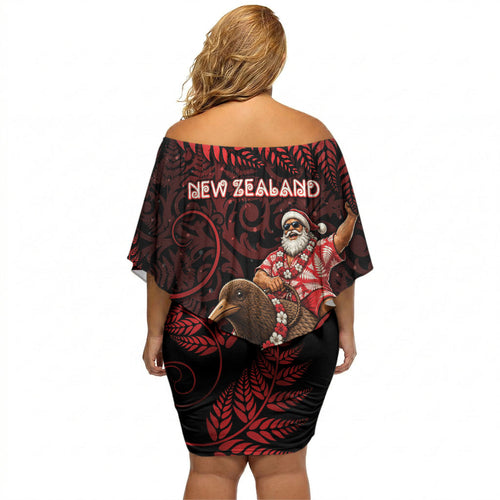 New Zealand Christmas Off Shoulder Short Dress Red Santa Riding Kiwi Bird Silver Fern