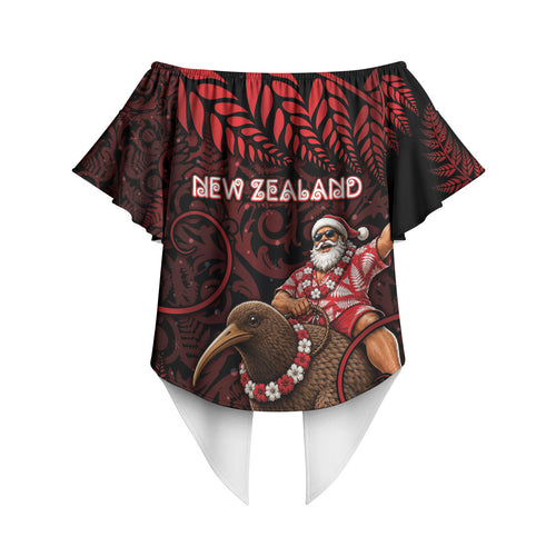New Zealand Christmas Off Shoulder Wrap Waist Top Red Santa Riding Kiwi Bird Silver Fern