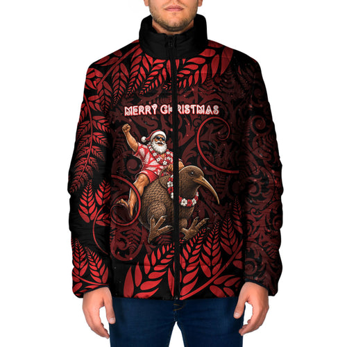 New Zealand Christmas Padded Jacket Red Santa Riding Kiwi Bird Silver Fern