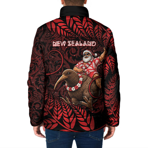 New Zealand Christmas Padded Jacket Red Santa Riding Kiwi Bird Silver Fern