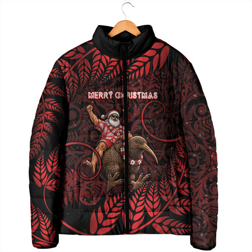 New Zealand Christmas Padded Jacket Red Santa Riding Kiwi Bird Silver Fern
