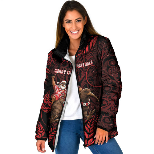 New Zealand Christmas Padded Jacket Red Santa Riding Kiwi Bird Silver Fern