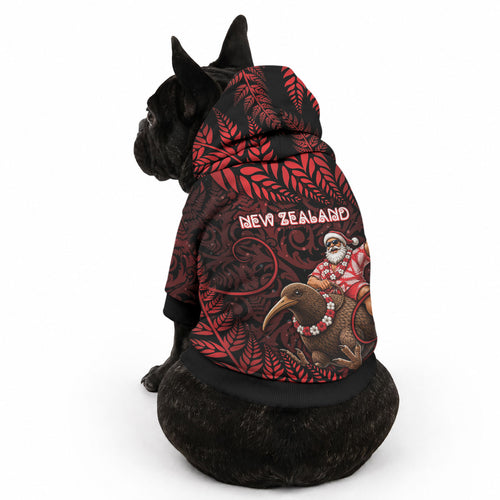 New Zealand Christmas Pet Hoodie Red Santa Riding Kiwi Bird Silver Fern
