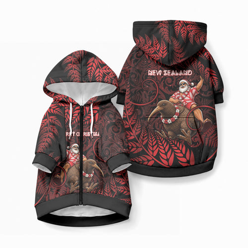 New Zealand Christmas Pet Hoodie Red Santa Riding Kiwi Bird Silver Fern