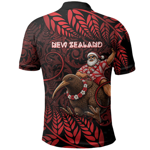 New Zealand Christmas Polo Shirt Red Santa Riding Kiwi Bird Silver Fern