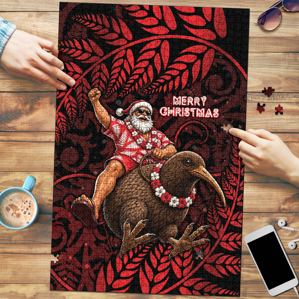 New Zealand Christmas Puzzle Red Santa Riding Kiwi Bird Silver Fern