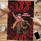 New Zealand Christmas Puzzle Red Santa Riding Kiwi Bird Silver Fern
