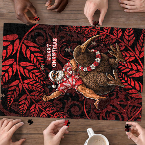 New Zealand Christmas Puzzle Red Santa Riding Kiwi Bird Silver Fern