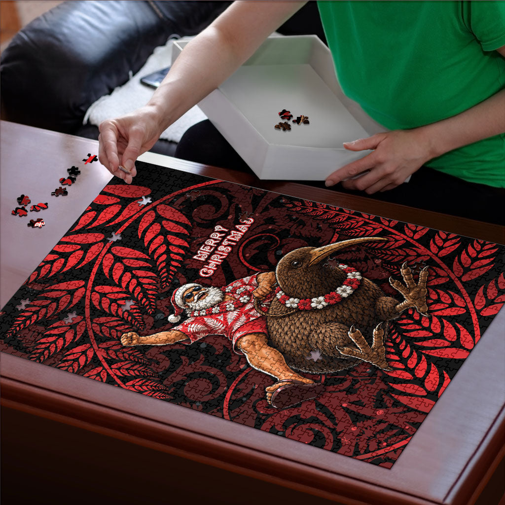 New Zealand Christmas Puzzle Red Santa Riding Kiwi Bird Silver Fern