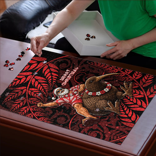 New Zealand Christmas Puzzle Red Santa Riding Kiwi Bird Silver Fern