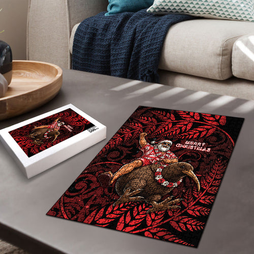 New Zealand Christmas Puzzle Red Santa Riding Kiwi Bird Silver Fern