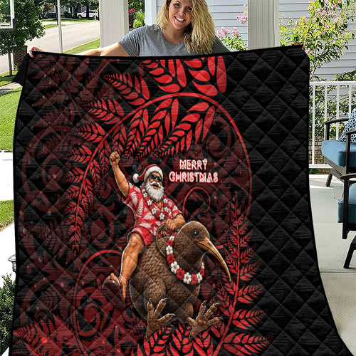 New Zealand Christmas Quilt Red Santa Riding Kiwi Bird Silver Fern