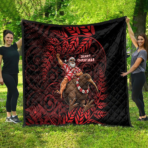New Zealand Christmas Quilt Red Santa Riding Kiwi Bird Silver Fern