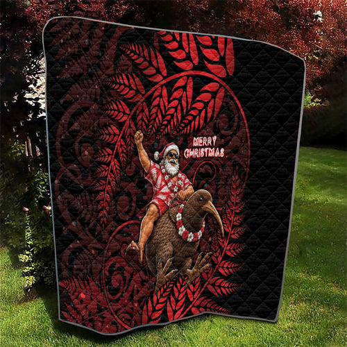 New Zealand Christmas Quilt Red Santa Riding Kiwi Bird Silver Fern
