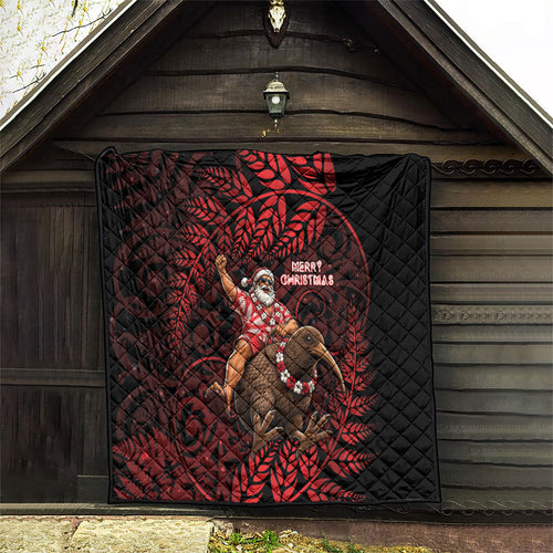 New Zealand Christmas Quilt Red Santa Riding Kiwi Bird Silver Fern