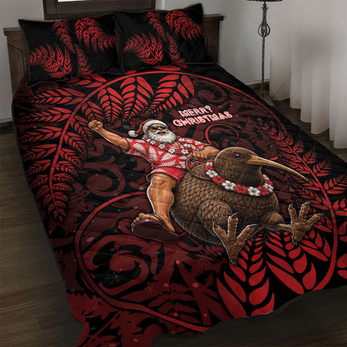 New Zealand Christmas Quilt Bed Set Red Santa Riding Kiwi Bird Silver Fern