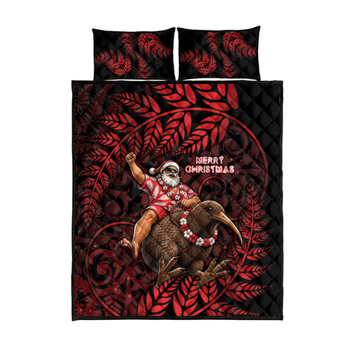 New Zealand Christmas Quilt Bed Set Red Santa Riding Kiwi Bird Silver Fern
