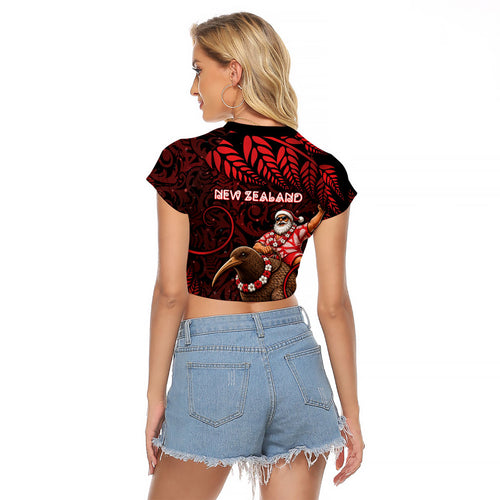 New Zealand Christmas Raglan Cropped T Shirt Red Santa Riding Kiwi Bird Silver Fern