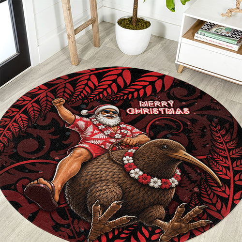 New Zealand Christmas Round Carpet Red Santa Riding Kiwi Bird Silver Fern
