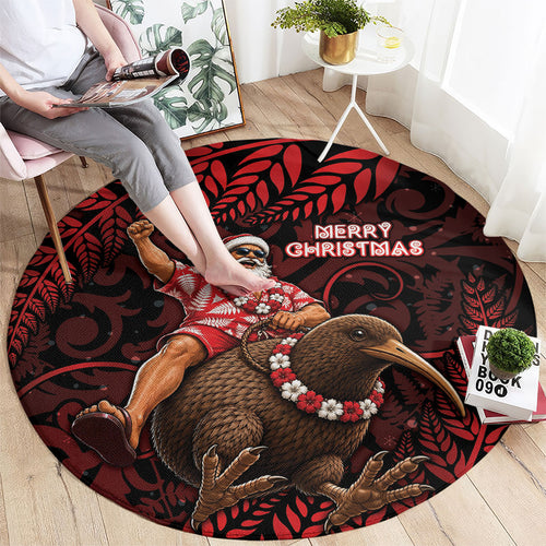 New Zealand Christmas Round Carpet Red Santa Riding Kiwi Bird Silver Fern