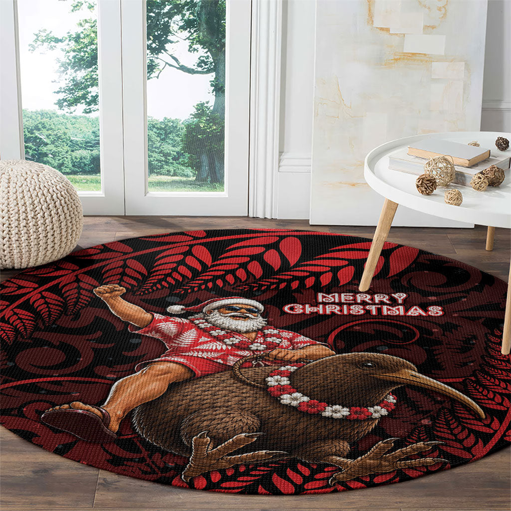New Zealand Christmas Round Carpet Red Santa Riding Kiwi Bird Silver Fern