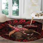 New Zealand Christmas Round Carpet Red Santa Riding Kiwi Bird Silver Fern