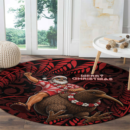 New Zealand Christmas Round Carpet Red Santa Riding Kiwi Bird Silver Fern