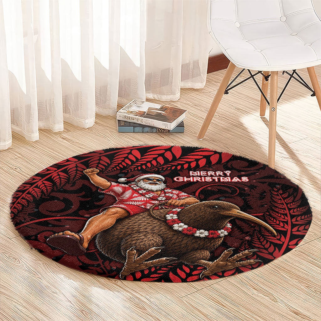 New Zealand Christmas Round Carpet Red Santa Riding Kiwi Bird Silver Fern