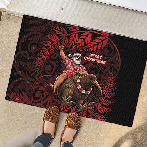New Zealand Christmas Rubber Doormat Red Santa Riding Kiwi Bird Silver Fern