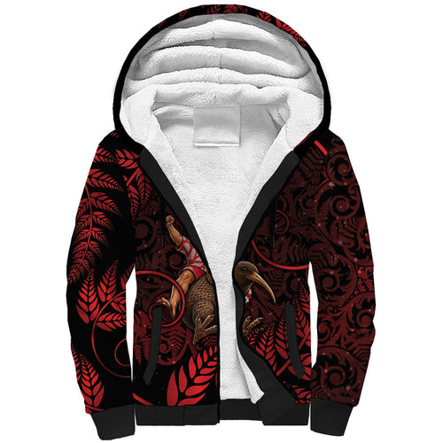 New Zealand Christmas Sherpa Hoodie Red Santa Riding Kiwi Bird Silver Fern