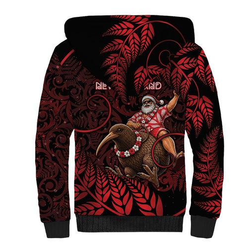 New Zealand Christmas Sherpa Hoodie Red Santa Riding Kiwi Bird Silver Fern