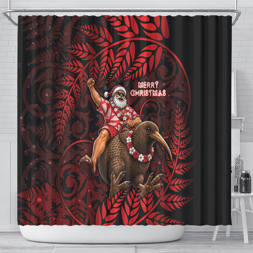New Zealand Christmas Shower Curtain Red Santa Riding Kiwi Bird Silver Fern