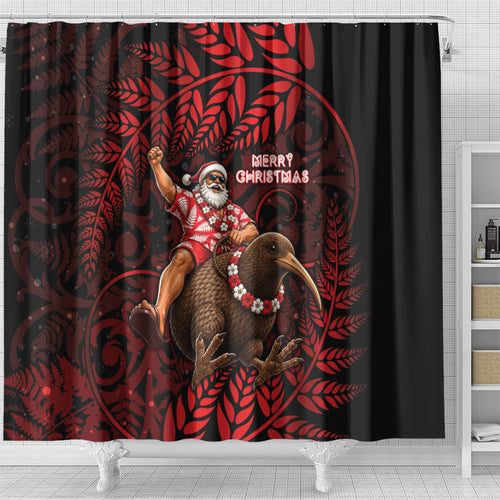 New Zealand Christmas Shower Curtain Red Santa Riding Kiwi Bird Silver Fern