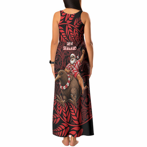 New Zealand Christmas Tank Maxi Dress Red Santa Riding Kiwi Bird Silver Fern